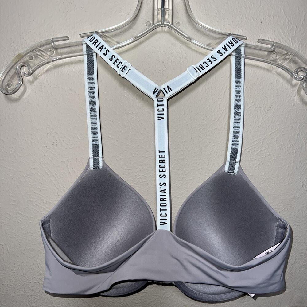 Victoria's Secret Grey Wired T-Shirt Bra 34D Racerback Logo Spell Out Straps - Picture 6 of 9